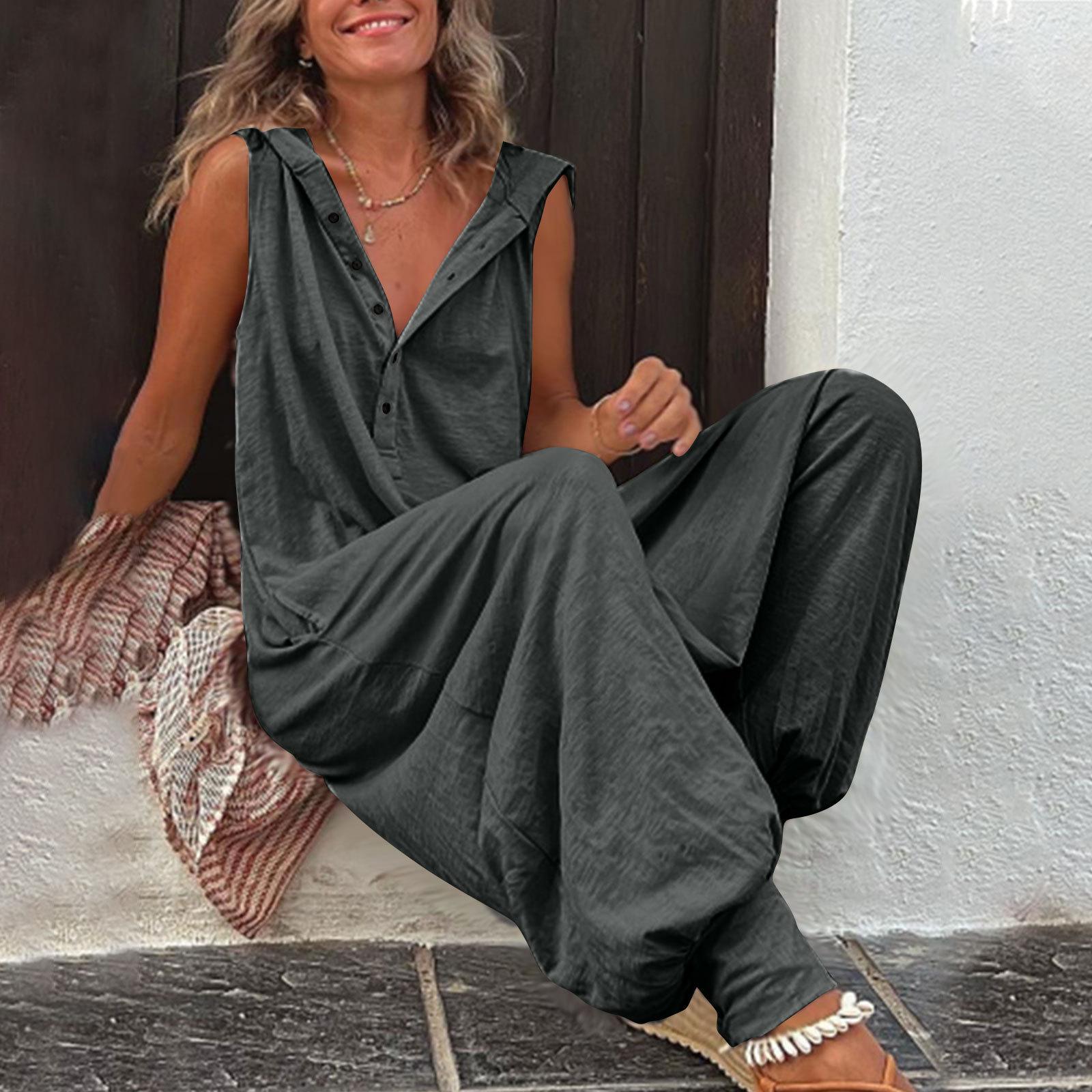 

2025 Women s Fashion Sleeveless Hooded Jumpsuit with Long Harem Pants Medium темно-сірий