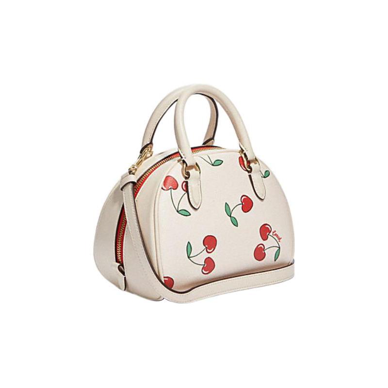 Coach Sydney 21 Zipper Closure Cherry Print Coated Canvas and Leather Shoulder Crossbody Tote Small Women's White