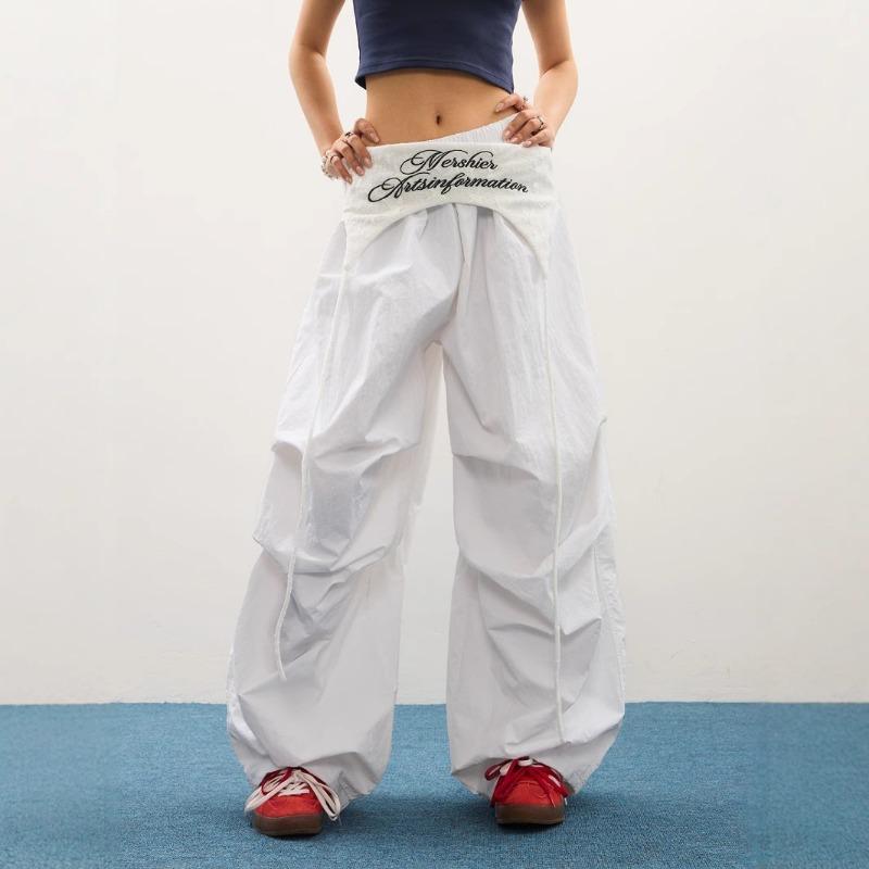 Stacked design letter print casual pants mopping pants women's summer wide-leg pants high waist loose overalls trousers