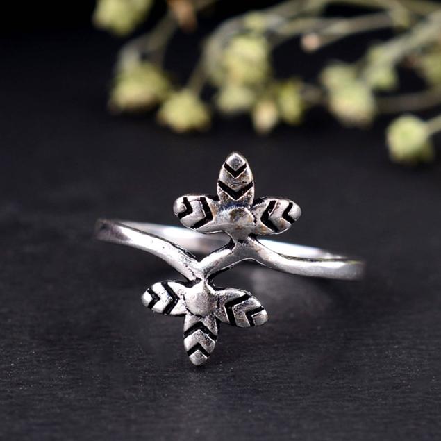 Handmade Oxidized Silver Floral Ring – Adjustable Double Flower Tribal Band, Vintage Boho Statement Jewelry Gift for Women