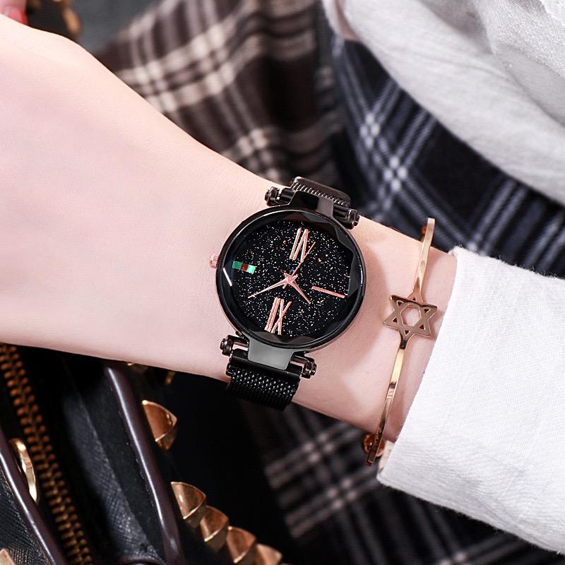 Women Watches Hours Mesh Magnet Starry Sky Watch Luxury Ladies Roma Dial Quartz Wristwatch