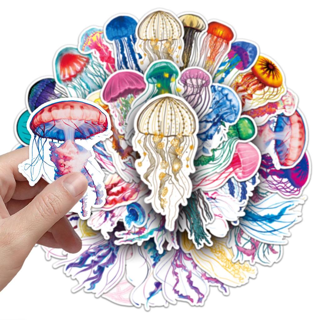50pcs Waterproof Jellyfish Marine Life Watercolor Graffiti Stickers for Phone Cases and Luggage