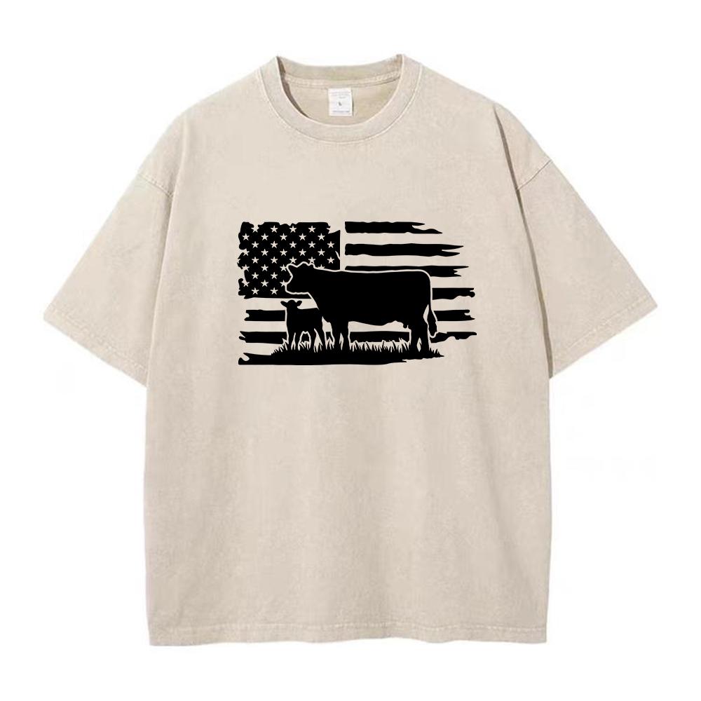 Mens Fun Cow Print Washed T Shirt Retro Distressed Style Casual Basic Street Fashion Pure Cotton Crew Neck Short Sleeved Top
