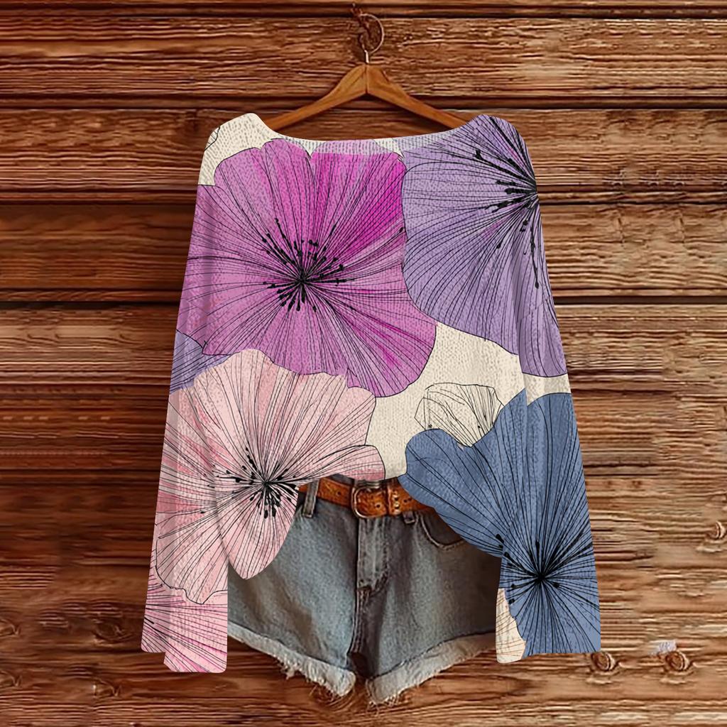 Women's Lightweight Sweater Casual Long Sleeve Knitted Vintage Floral Print Pullover