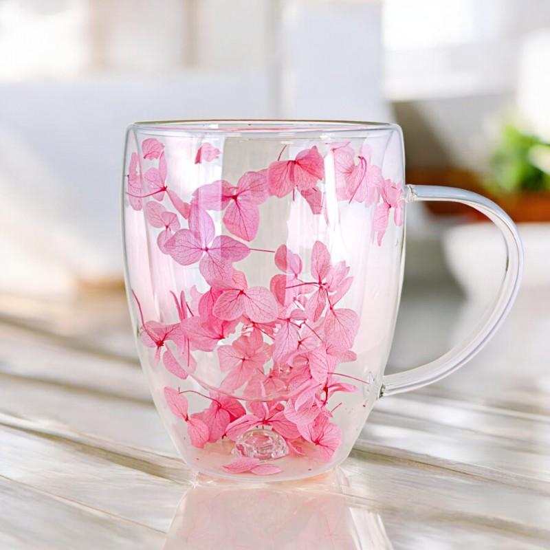 Szklanka Termiczna Z Hortensją Podwójne Ścianki Róż Kawa Herbata 300Ml