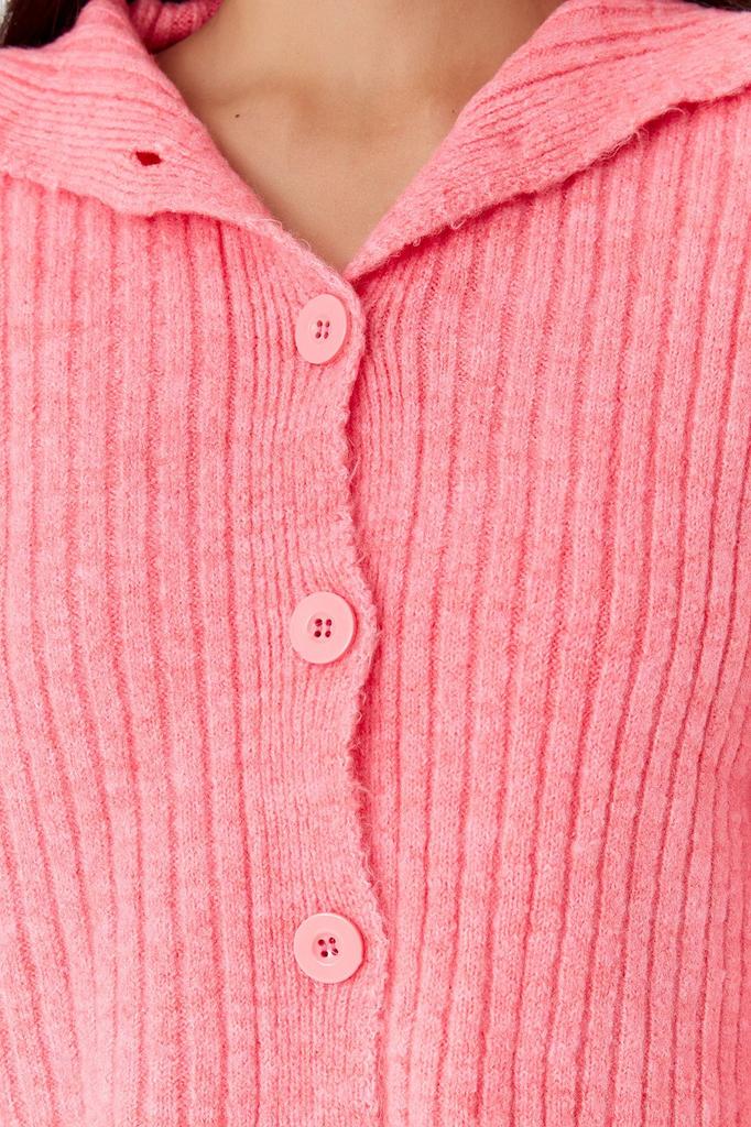Women's Elegance Style Cardigan Pink Crop Soft Textured Stand Collar Knitwear Cardigan