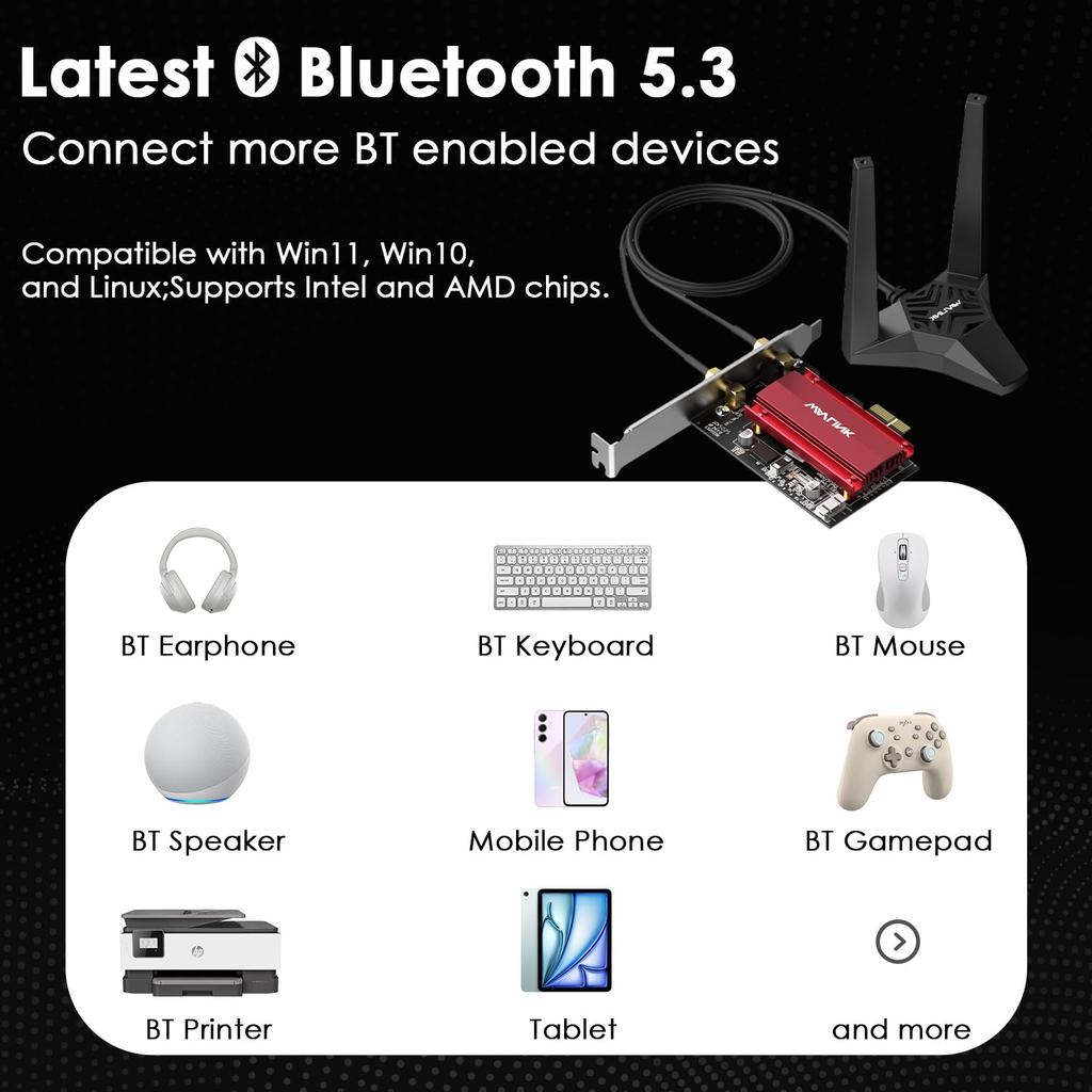 WAVLINK WiFi 6E AX5400M PCIe WiFi Radeon AX210 Network Card with Bluetooth Low Profile Heatsink Intel AX210 Network Card for Windows PC 5.3, MU-MIMO,