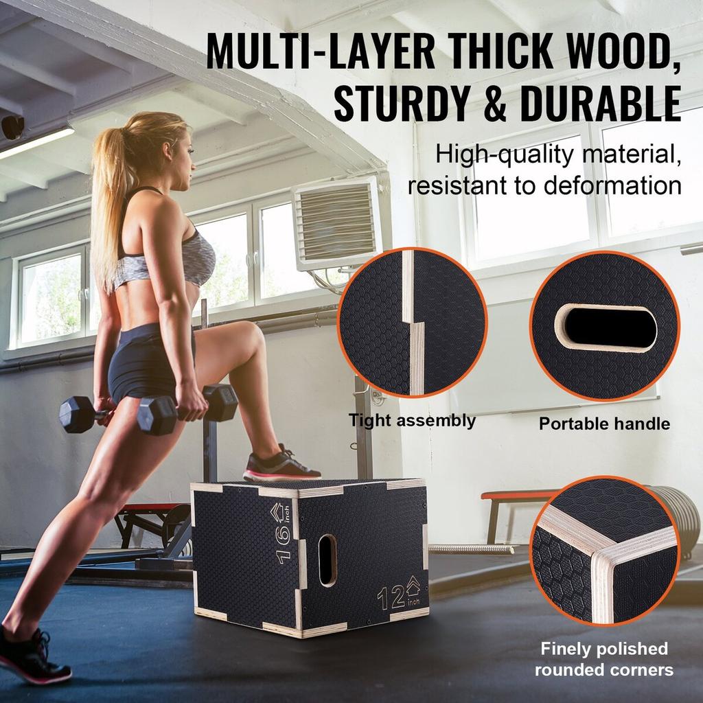 3 In 1 Plyometric Jump Box, 16/14/12 Inch Wooden Plyo Box, Platform & Jumping Agility Box, Anti-Slip Fitness Exercise Step Up Box for Home Gym