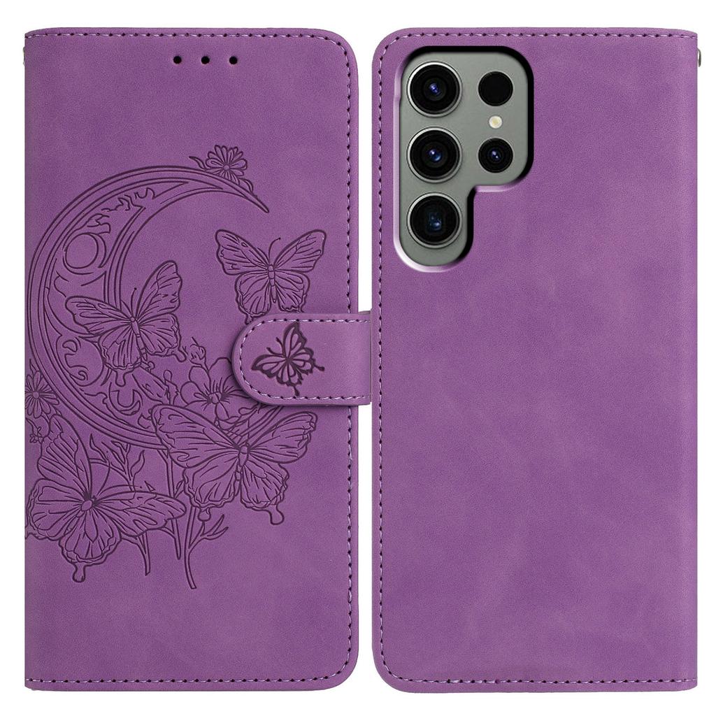 Für Samsung Galaxy S24 Ultra Hülle Schmetterling Blume Geprägt PU Leder Brieftasche Ständer Handyhülle