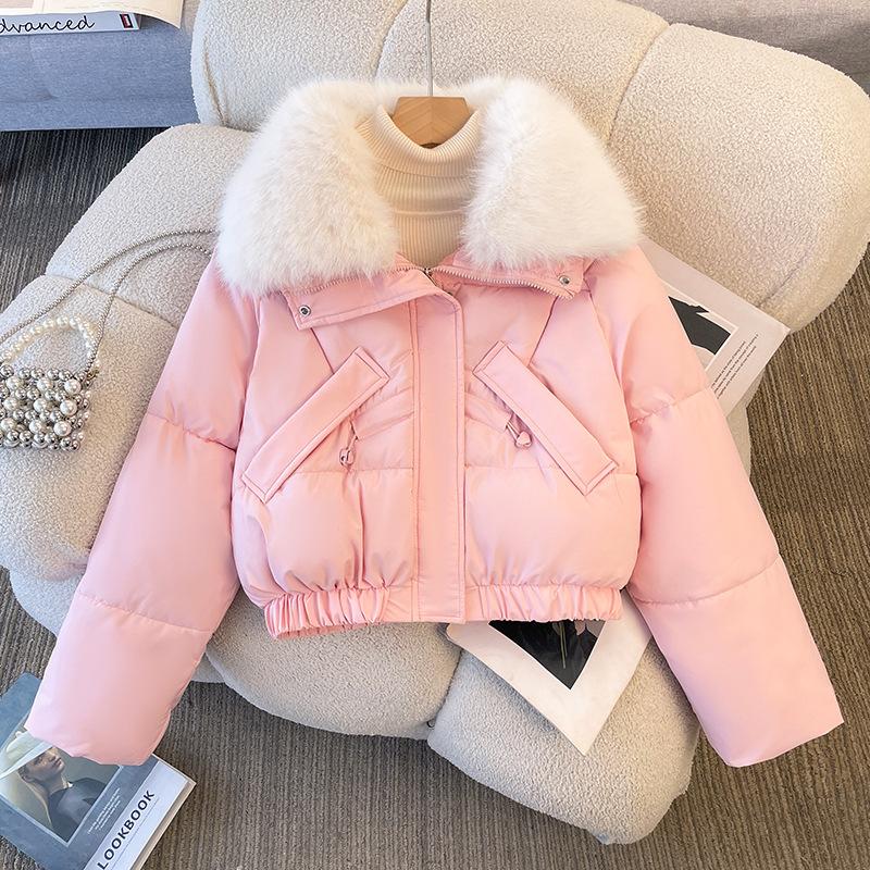 Down Jacket Women's Short Large Fur Collar Winter New Korean Style Bread Coat Cotton Jacket Small Person Cotton Coat Jacket