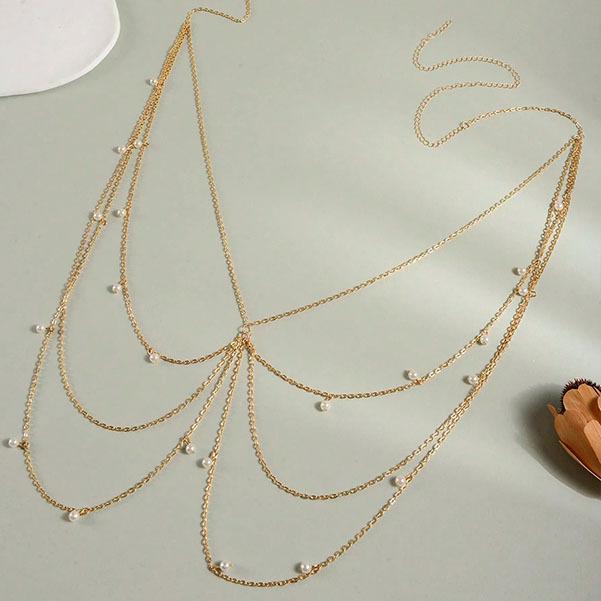 Boho Multi Layered Faux Pearl Drop Belly Chain for Women Dainty Tassel Waist Belt Body Jewelry for Beach Festival