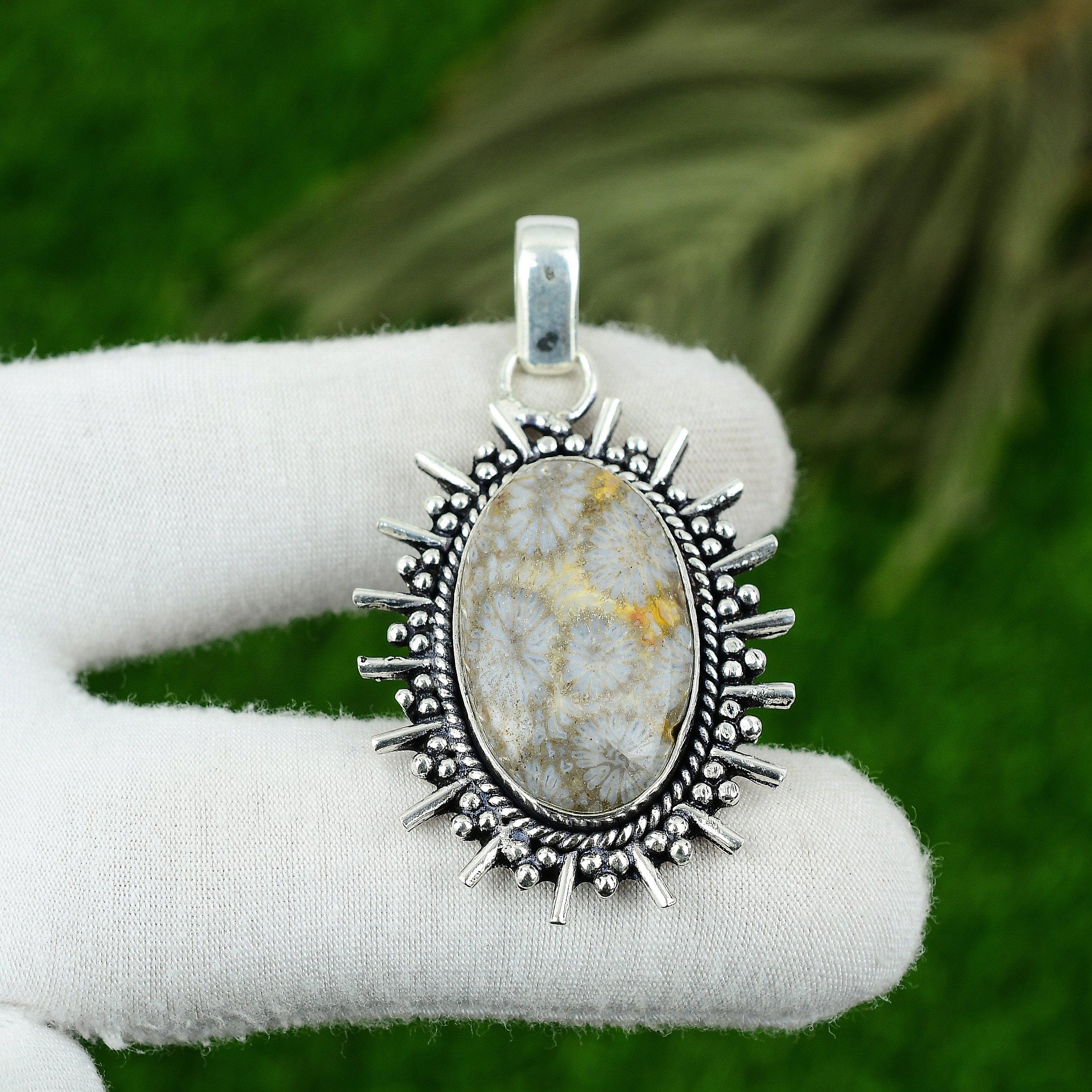 

Oval Natural Fossil Coral 925 Sterling Silver Engagement Bezel Pendant Jewelry
