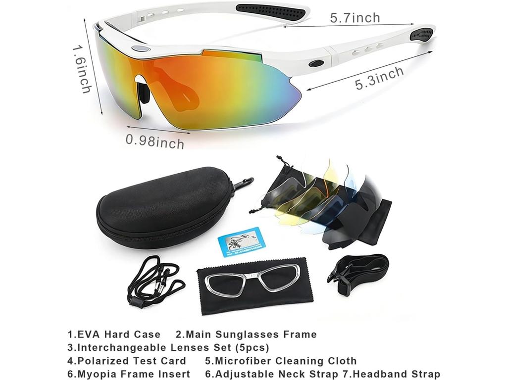Polarized Running Sunglasses, 5 Lenses, UV Protection, Suitable for Cycling, Baseball, Fishing