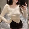 Chic French Autumn Winter Slim Fit Furry Square Neck Top for Women