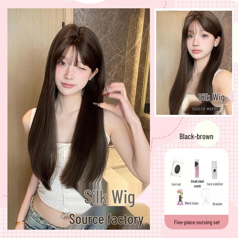 Silk Happy Long Straight Black/Brown Wigs for Women with Round Faces - Natural Lolita Style