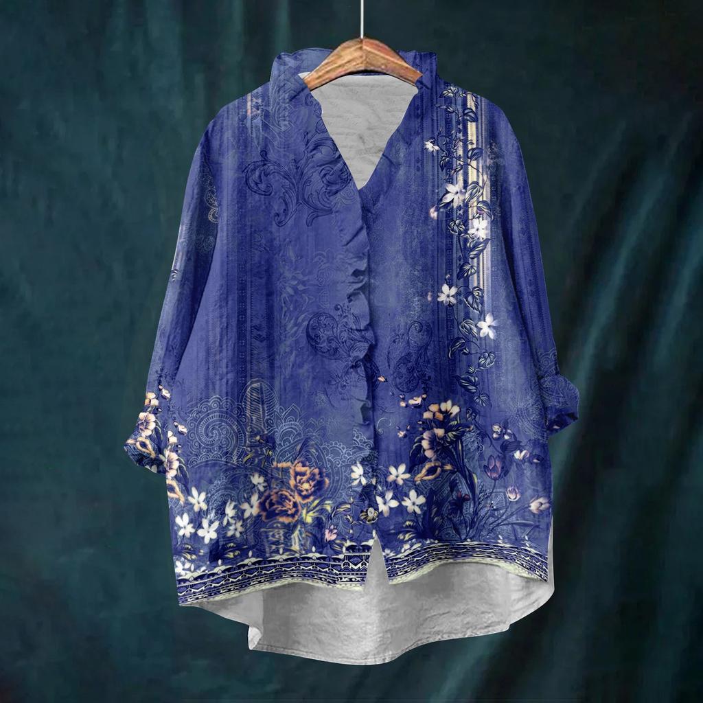 Dame Løs Volangert Blomstert Trykk Ståkrage Langermet Bomull og Lin Topp