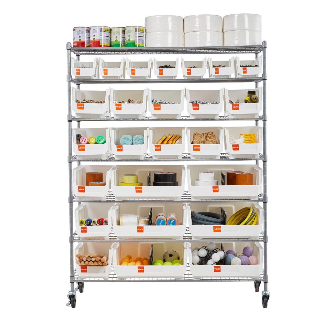 7patrový pojízdný regál na úložné boxy, 26 organizačních boxů, Regál na boxy, Ocelový drátěný úložný systém s kolečky, Mobilní organizér na nářadí do garáže,