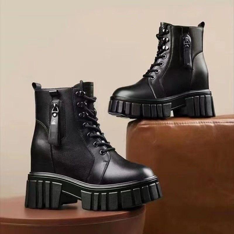 Lace-up Soft Leather Martin Boots Autumn and Winter New Single Boots Heightening British Boots Thick-soled Velvet Short Boots