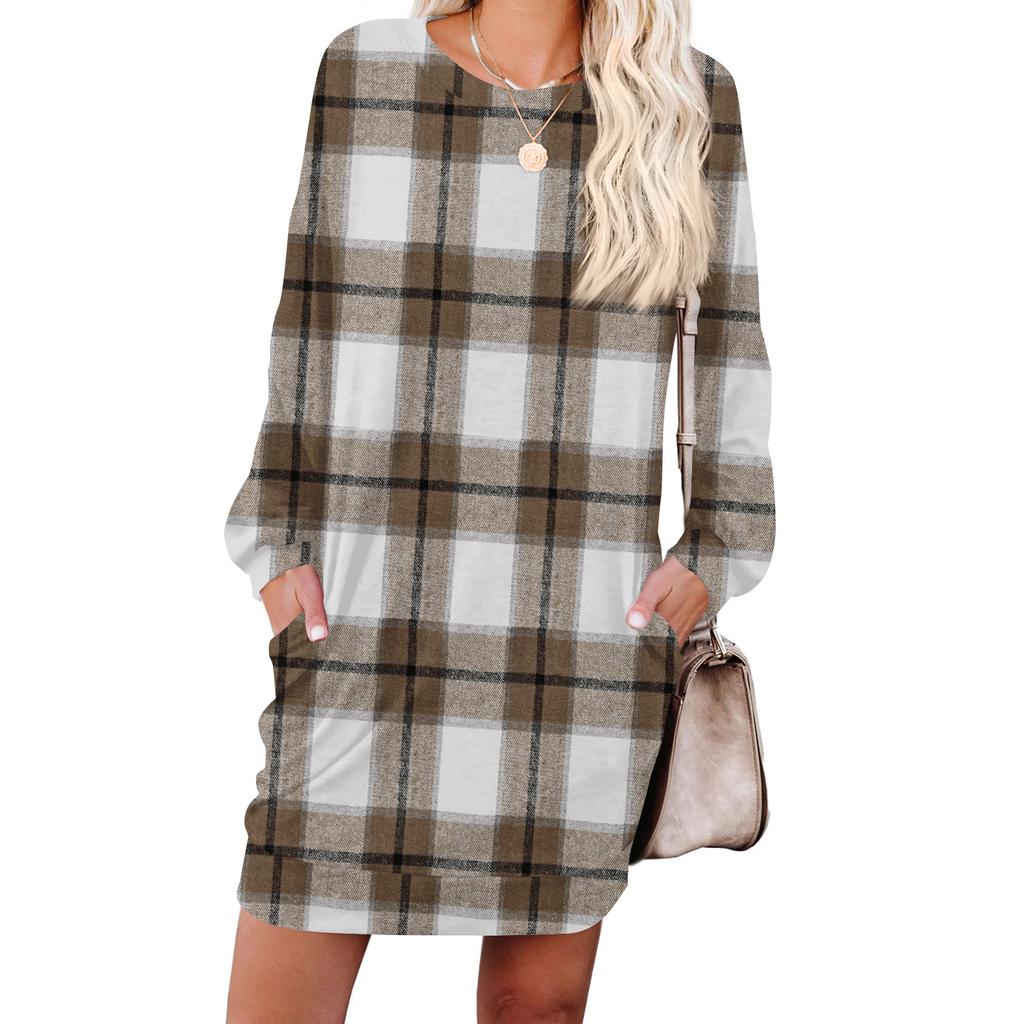 Damen Kariert Modisch Langärmlig Rundhals Taschenkleid