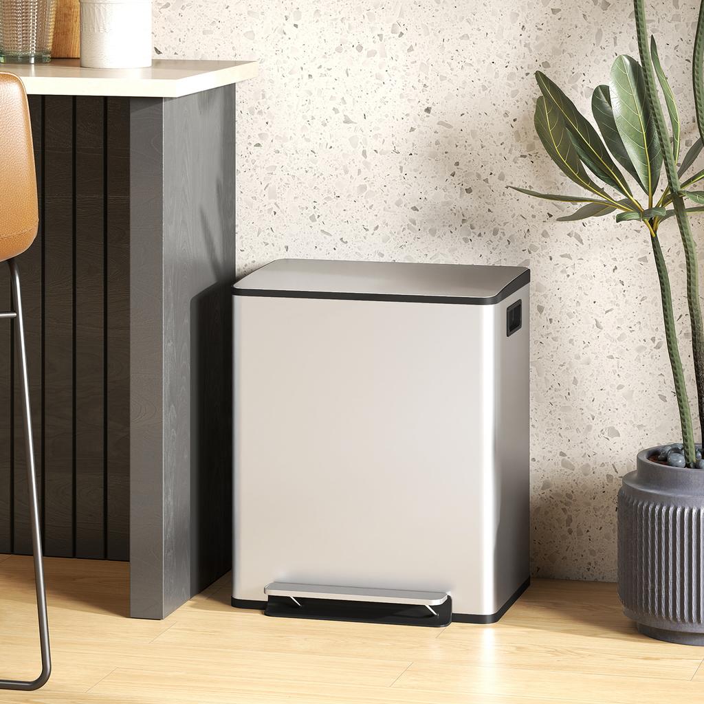 50L Dual Compartment Stainless Steel Bin, with Deodoriser Holders - Silver