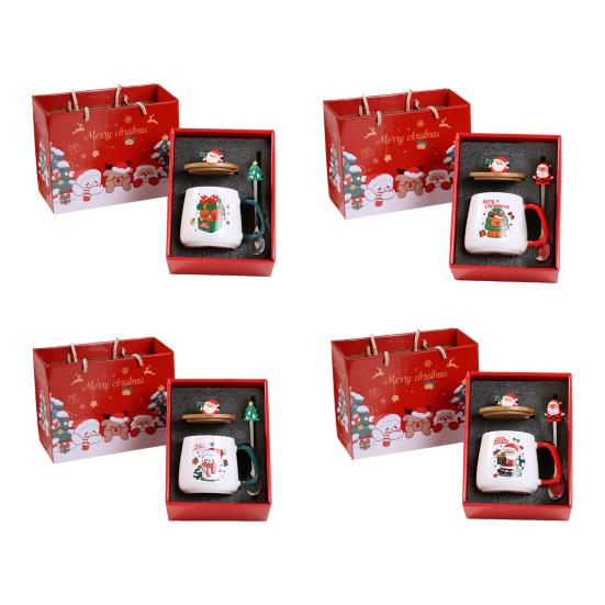 Christmas Gift Mug with Lid Spoon Santa Claus Reindeer Ceramic Cup Keeps Drinks Warm