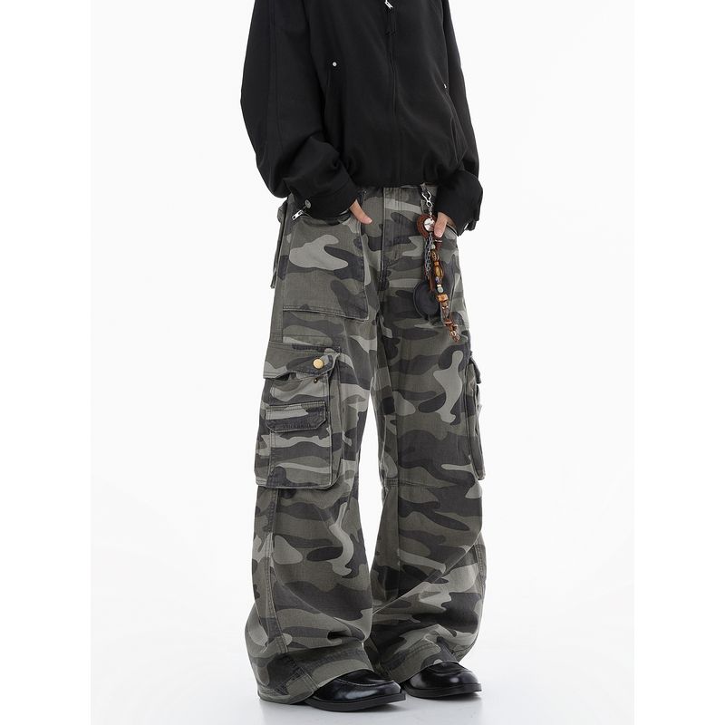 Dream Made American-Style Large Pocket Wasteland-Style Workwear Camouflage Pants for Men, Autumn and Winter Loose Wide-Leg Straight Pants
