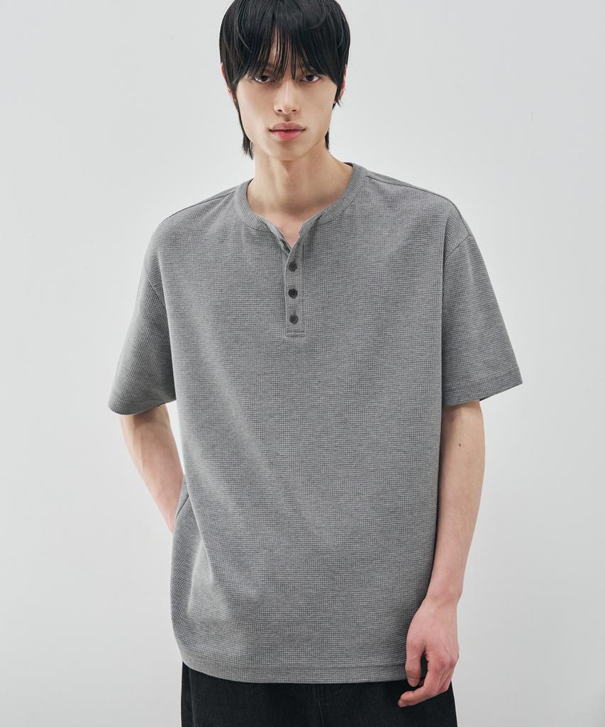 DRAW FIT Waffle Henley Neck Half T-Shirt [Melange]