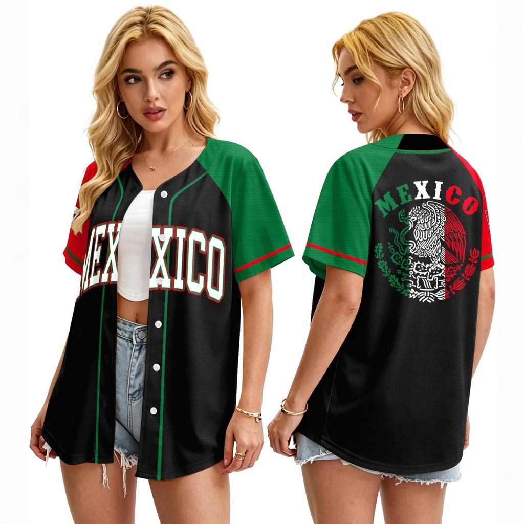 Women's Mexico Soccer Jersey Baseball Shirt Button Down Short Sleeve Lightweight Casual Top for Outdoor Sports and Daily Wear