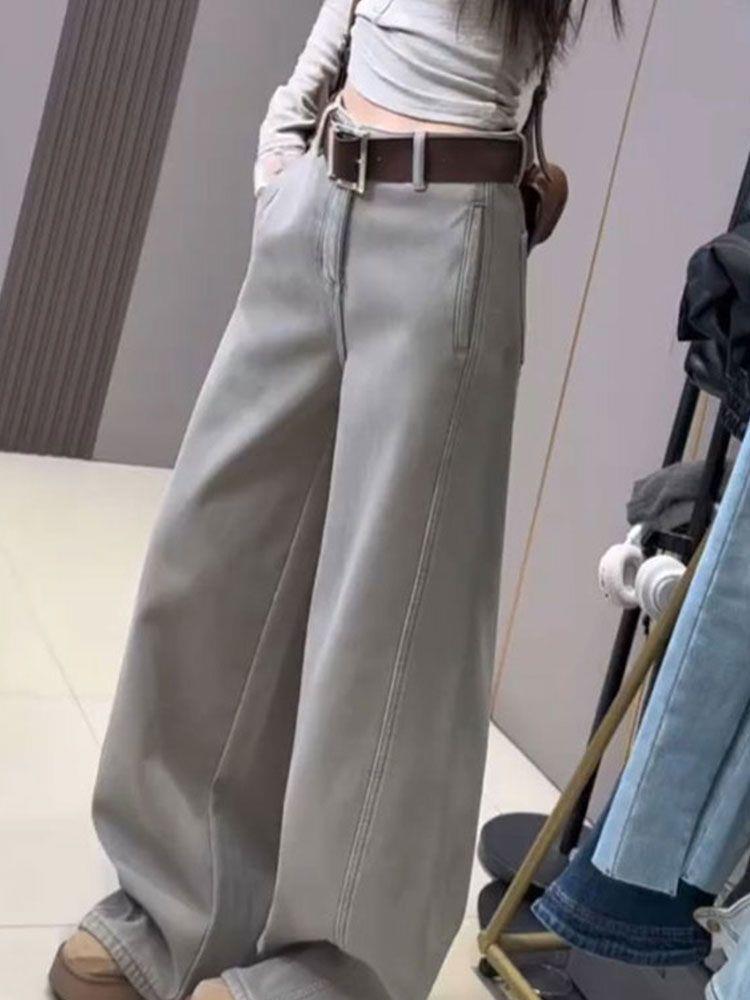 Women's Washed Grey Scratched Jeans - 2025 Autumn/Winter Collection: Slimming Loose Wide Leg Pants