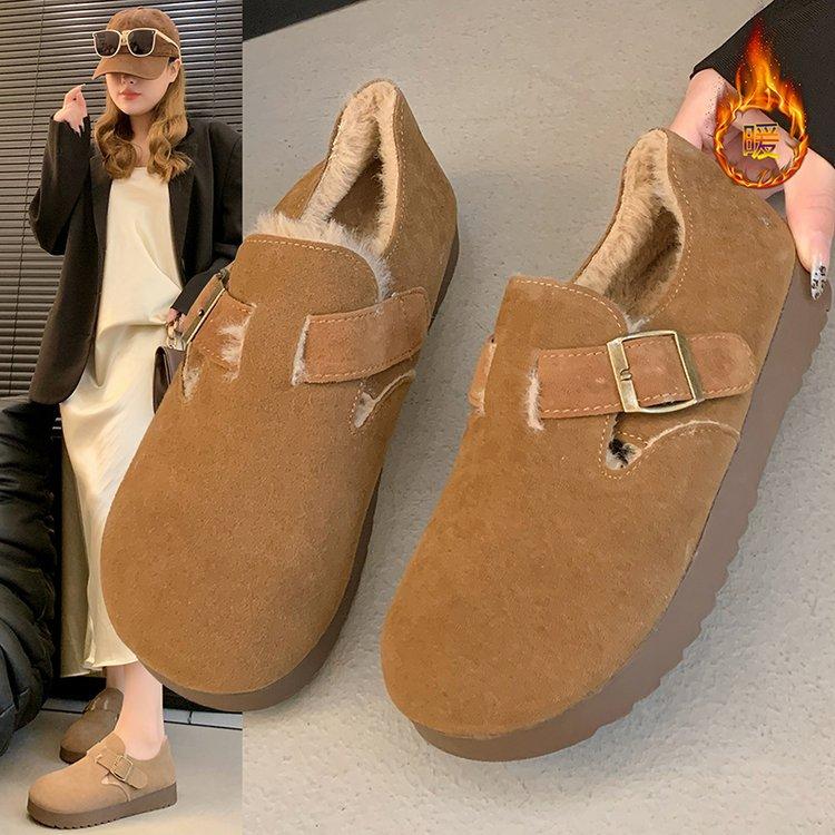 

Thick-Soled Velvet Birkenstocks Women S Shoes Autumn And Winter Versatile Retro One-Pedal Loafers Boken Doudou Shoes 35
