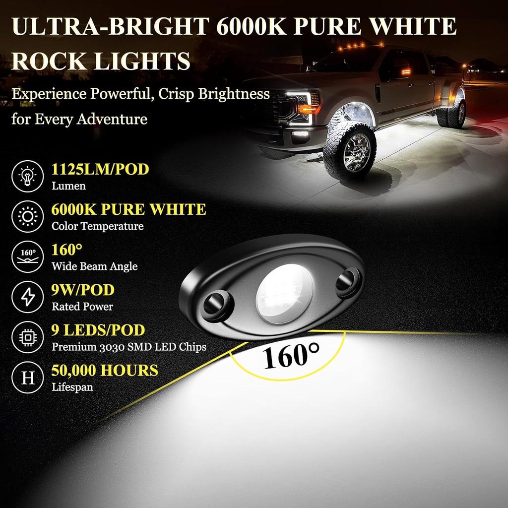 22 Pods White Rock Lights, 6000K Pure White Super Bright Wide Angle IP68 Waterproof LED Rock Lights For Trucks Pickup SUV UTV ATV Motorcycle Car