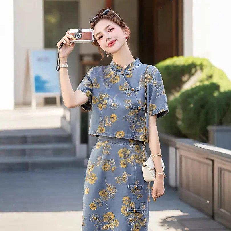 Fashion Chinese Style Denim Skirt Set Women Summer Floral Print Two Piece Outfit with Knot Buttons