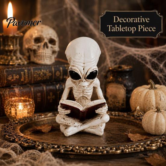 Resin Book Reading Figurines Alien Cross Legged Skeleton Figurine, Sci-Fi Gothic Detailed Bone Crafts Halloween Ornament, Collection Statue