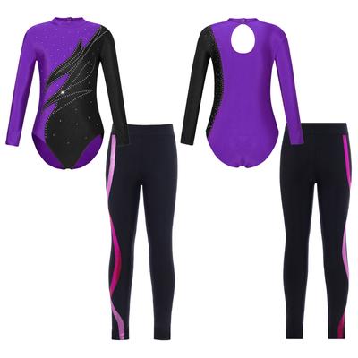 Kids Girls Children Biketard Gymnastics Long Sleeve Leotards with Slim Fit Leggings for Dance Skating
