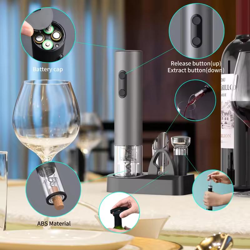 4 In 1 Smart Kitchen Accessories Electric Wine Opener Gift Set with Wine Stopper,Wine Pourer,Storage Base