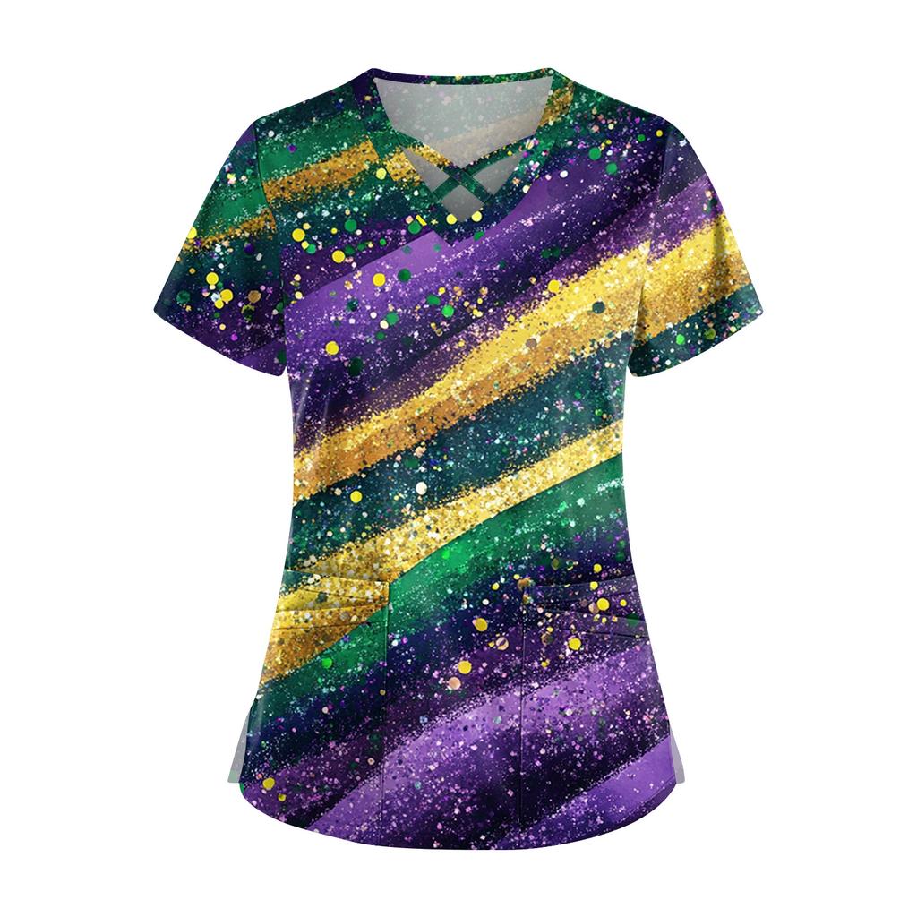 Dam Kortärmad Stagger V-ringad Tryck Ficka Torr-Topp