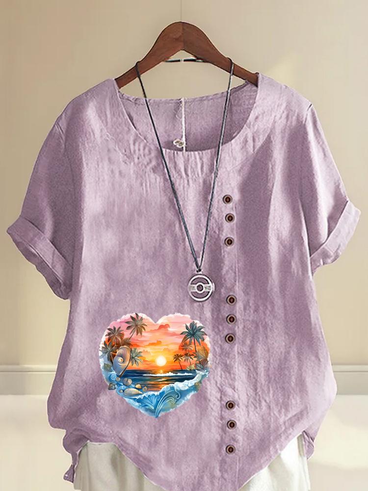 Women's Fashion Heart Shaped Scenery Print Round Neck Short Sleeve T-shirt Casual Cotton Linen Graphic Shirt Leisure Loose Summer Blouse Tops