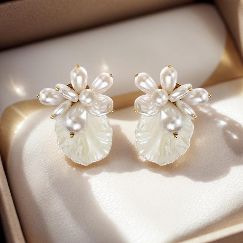 Stylish Portable Imitation Pearls Earrings Geometric Floral Design Perfect For Daily Wear And Special Occasions