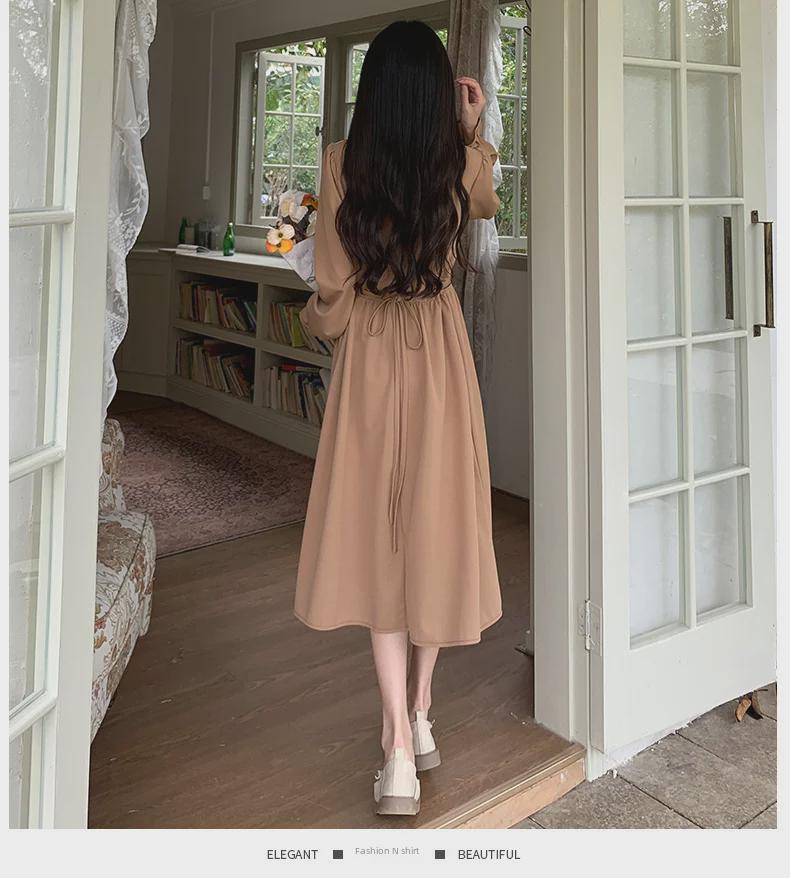 Women's 2024 Spring/Autumn French Style Square Collar Splicing Tea-Length Dress