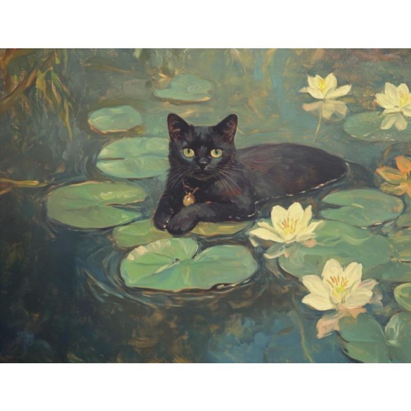 Black Dog Cat In Water Lilies Monet Vintage Funny Classic Painting Poster Canvas Painting Wall Picture Bedroom Living Room Decor