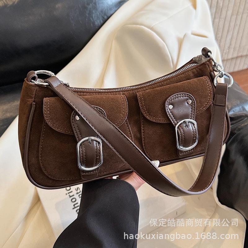 French Niche Design Suede Bag Women's 2025 New Foreign Style Versatile Single Shoulder Underarm Bag Portable Baguette Bag