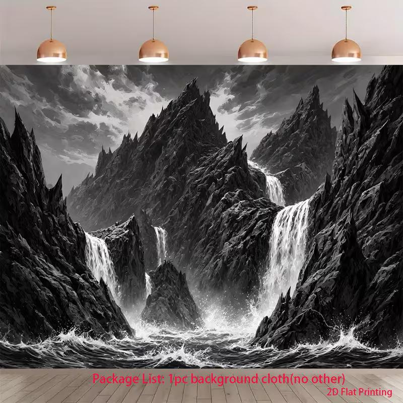 

2D Stormy Mountain Waterfall Backdrop 2D Black White Ocean Photo Background for Themed Shoot 47.2x31.5inch/120*80cm