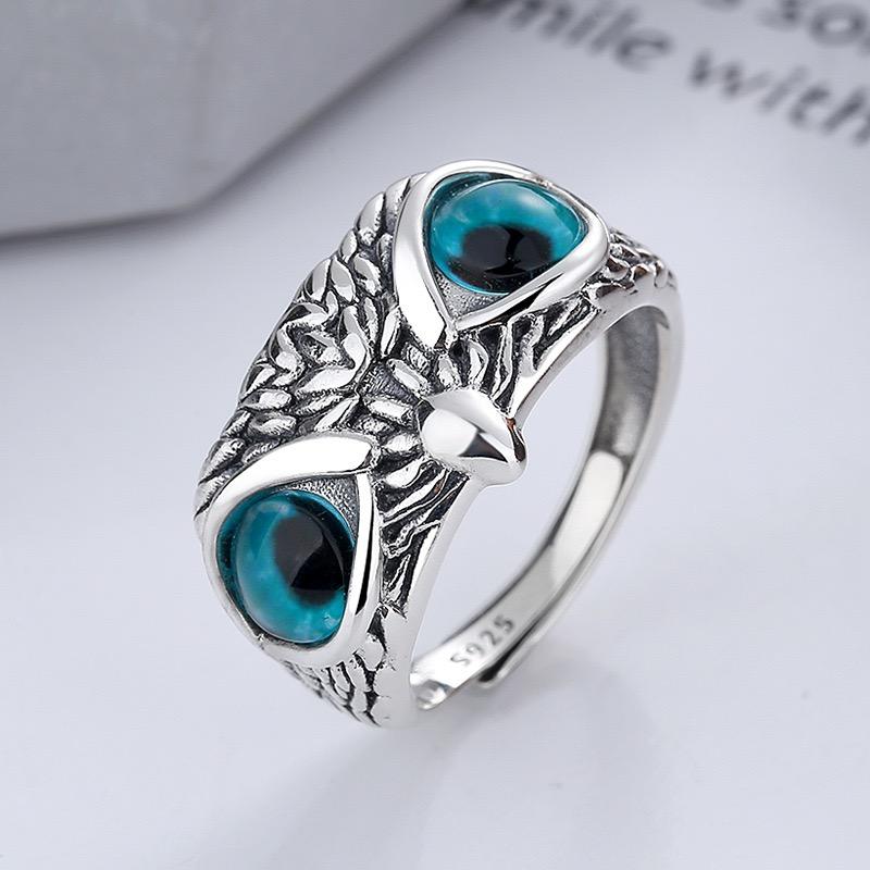 

BF CLUB 925 Sterling Rings for Women Simple Geometric Handmade Irregular Retro Owl Green Stone Ring Allergy For Birthday Gift resizable