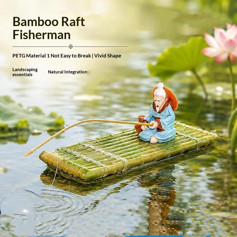 1 Set Feeding Platform Floating Bamboo Raft Fishing Ornament For Miniature Landscape Decoration Garden Statue Outdoor Decor