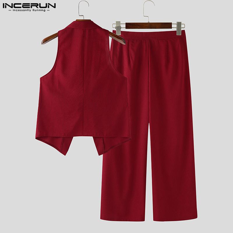 INCERUN Two Pieces Men Striped Sleeveless Vest and Zip-up Long Suit Pants Sets