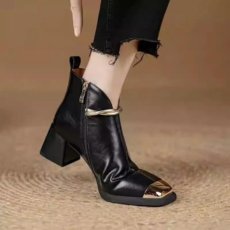 New Spring and Autumn Chelsea Boots for Women with Square Toe Metal High Heels Ankle Boots Side Zip Sexy Botines Para Mujeres