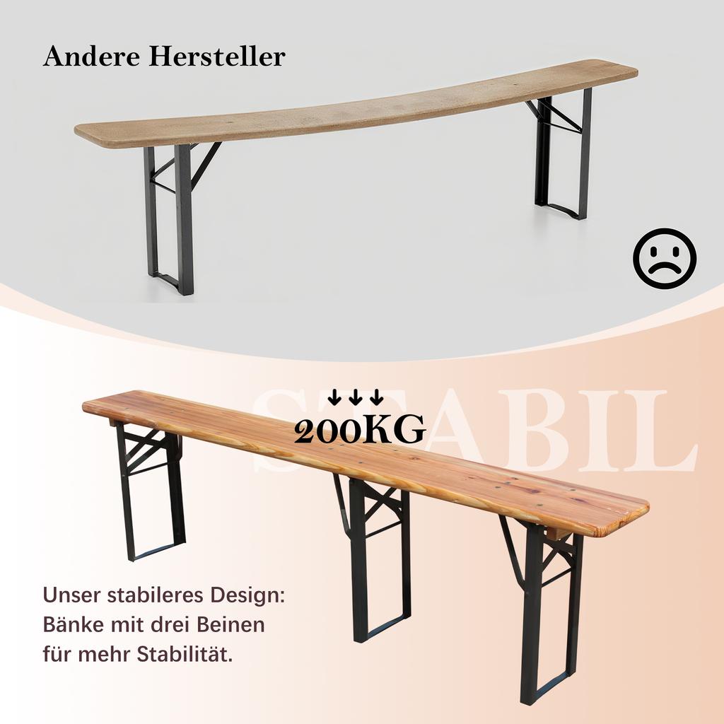 Foldable beer tent set 177 cm, 3-piece: 1 folding table + 2 beer benches, weatherproof solid pine, space-saving, beer table set festival tent garden