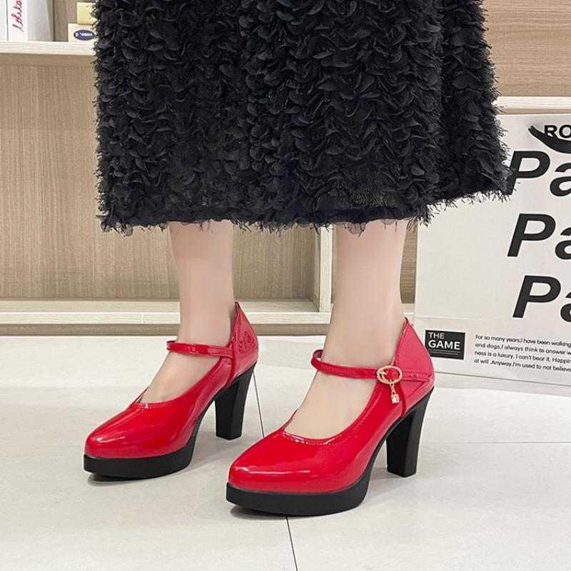 Women's High Heels Thick-soled Waterproof Platform Thick-heeled Leather Shoes Work Shoes