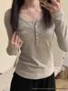 Women's Slim Fit Striped Button U-Neck Long Sleeve T-Shirt - American Retro Early Autumn 2025
