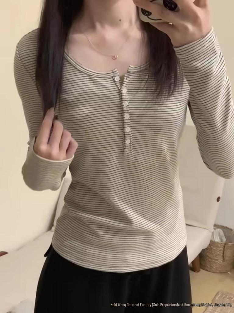 Women's Slim Fit Striped Button U-Neck Long Sleeve T-Shirt - American Retro Early Autumn 2025